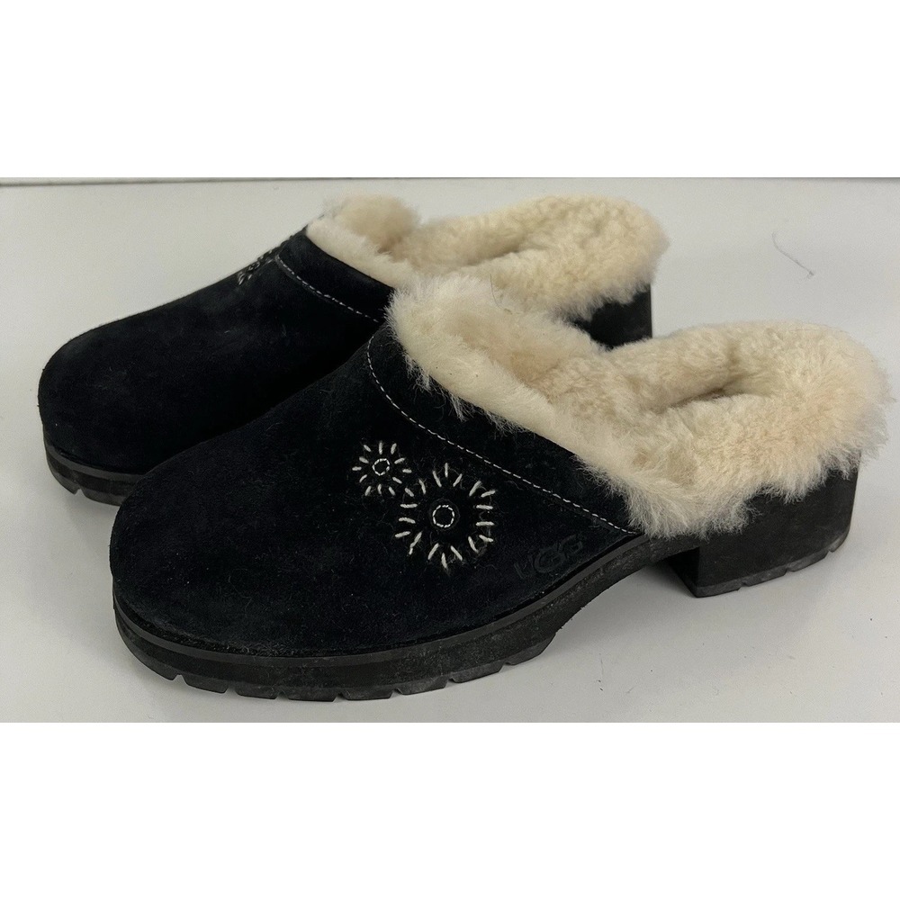 UGG Black Suede Mules with Cream Fur Lining